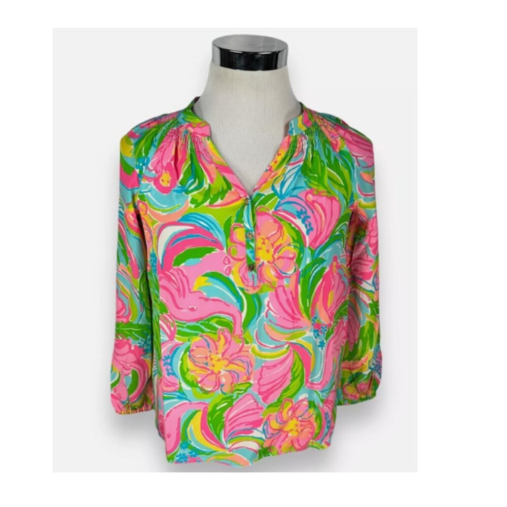 Lilly Pulitzer Elsa Top So A Peeling Womens Size S 100% Silk Popover Long Sleeve